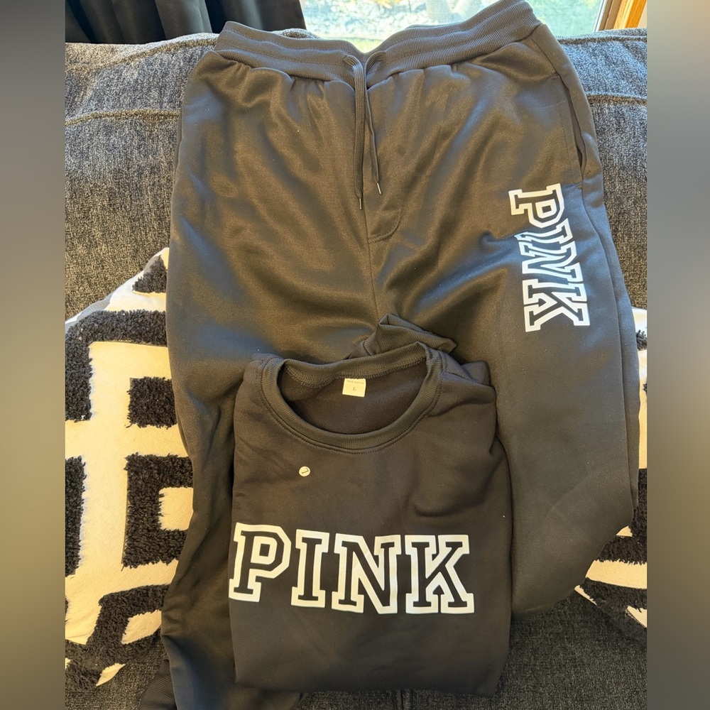 Women’s Pink Letter Print Crewneck Sweatshirt and Drawstring Track Pants Set L - Picture 7 of 13